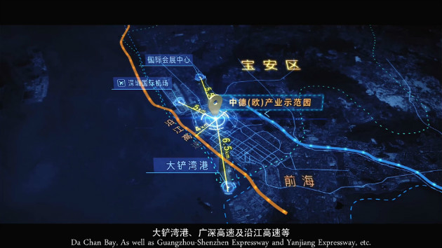 大鏟灣港，廣深高速以及沿江高速；直線通過產(chǎn)業(yè)示范園區(qū)；